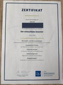 Teilnahmezertifikat PJM Investment Akademie Der erleuchtete Investor, ausgestellt auf Daniel Arlt