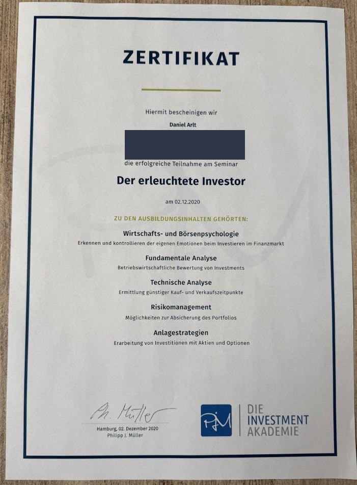 Teilnahmezertifikat PJM Investment Akademie Der erleuchtete Investor, ausgestellt auf Daniel Arlt