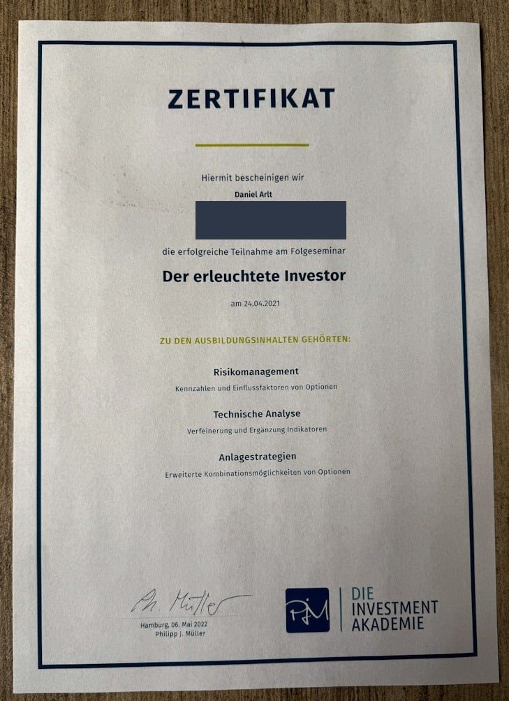 PJM Investment Akademie Zertifikat Folgeseminar 2021